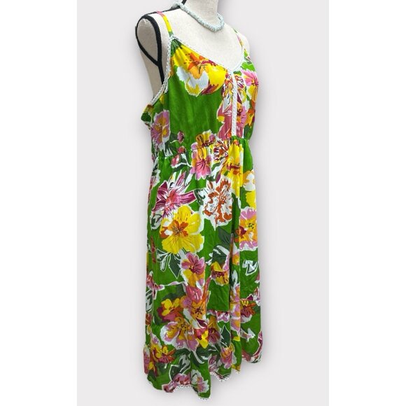 Womens Sz XL Dress Midi Green Tropical Floral Adjustable Straps Smocked Vacay - Picture 3 of 9